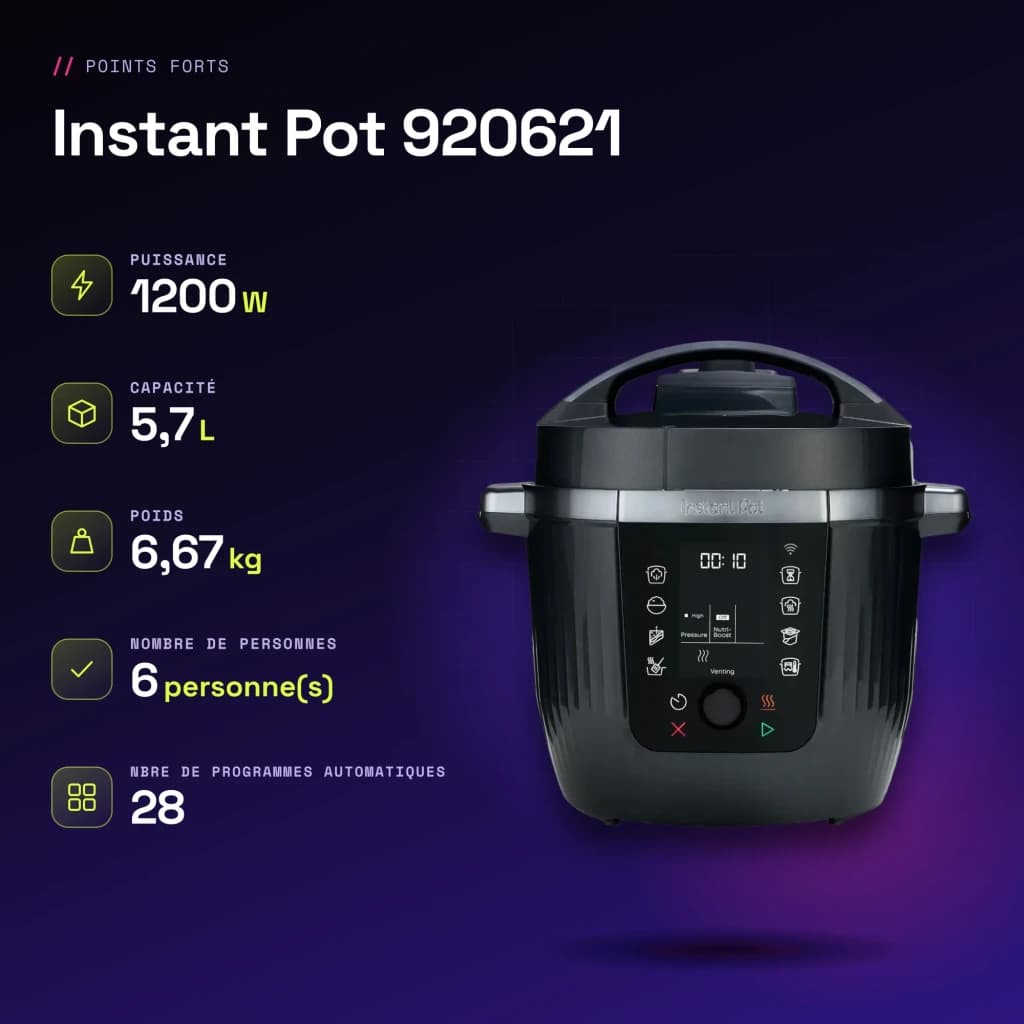 Multicuiseur Instant Pot 5,7L 1200W Noir 920621 - caractéristiques