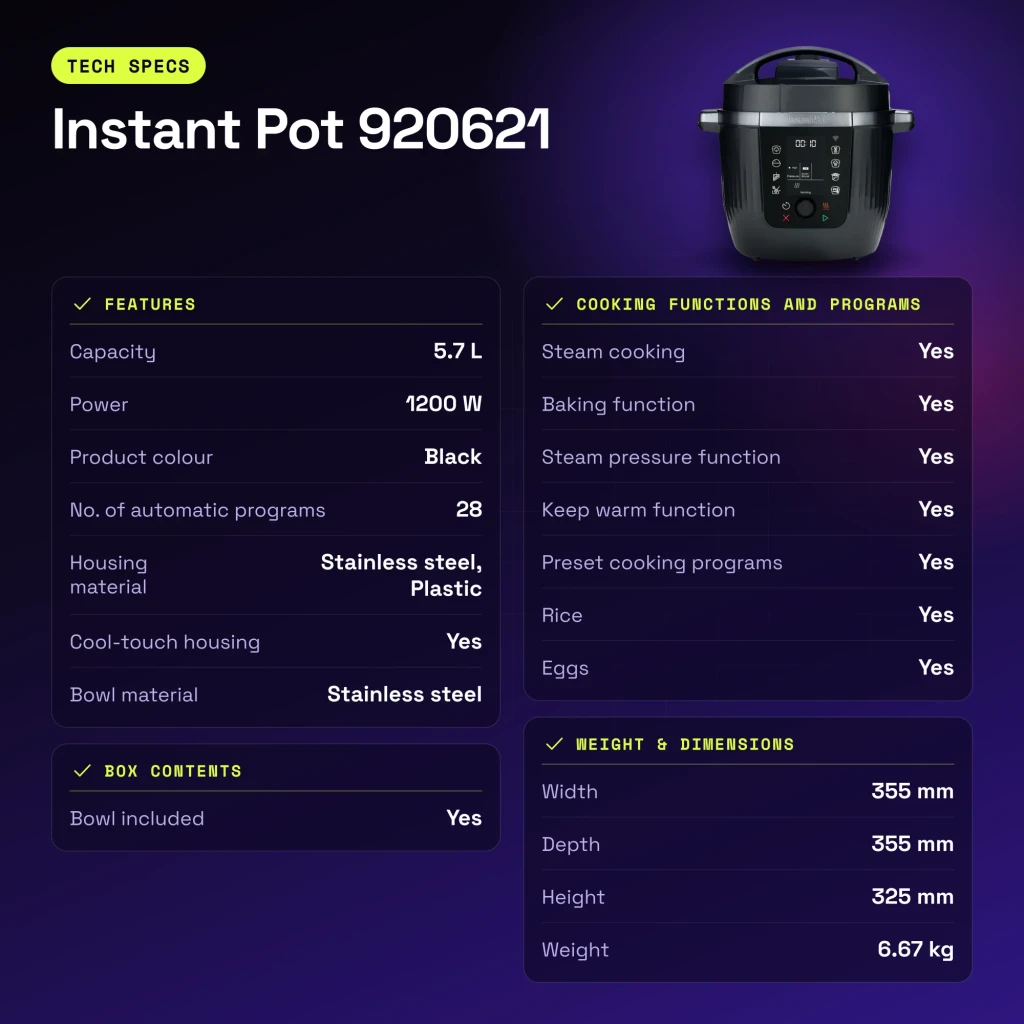 Multicuiseur Instant Pot 5,7L 1200W Noir 920621 - caractéristiques