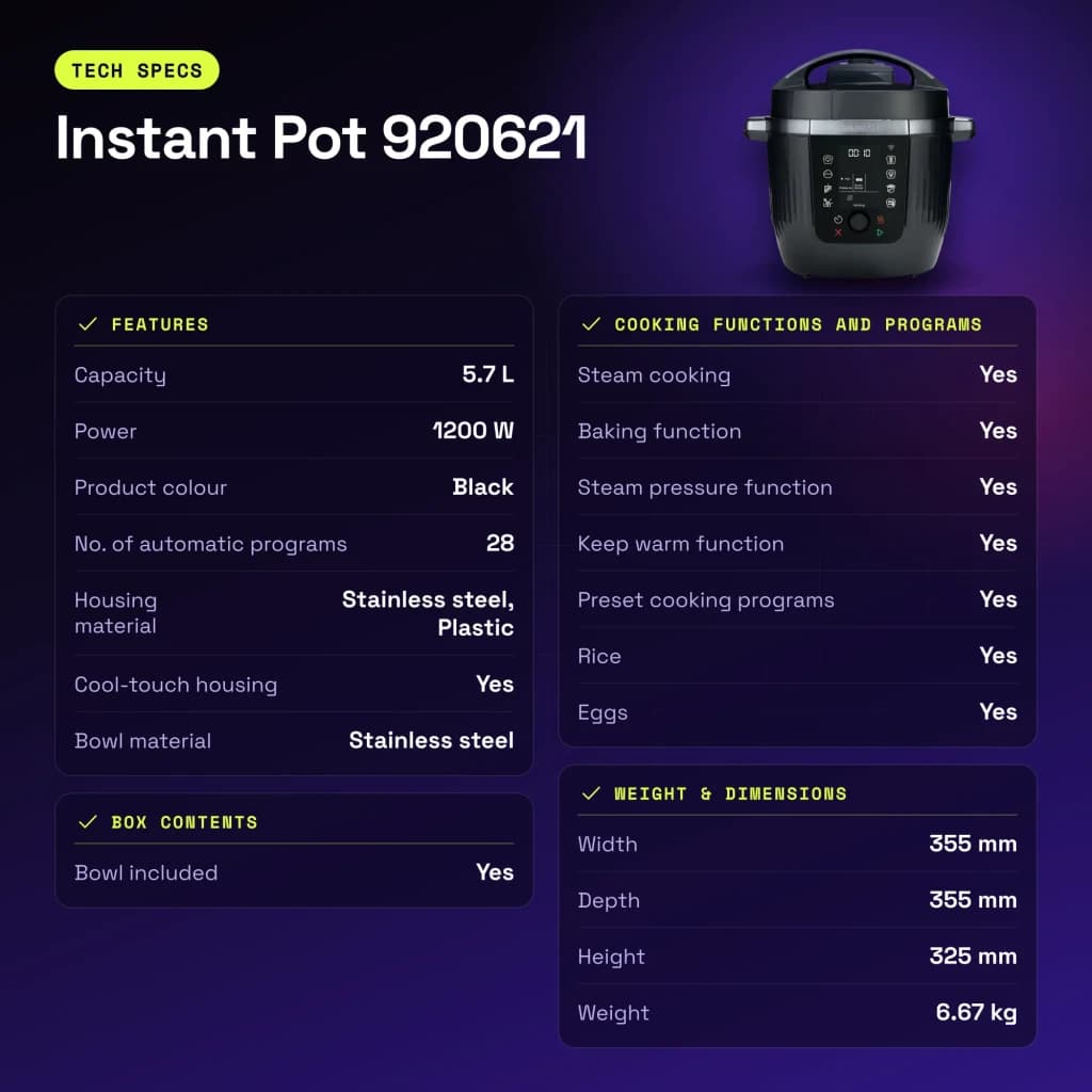 Multicuiseur Instant Pot 5,7L 1200W Noir 920621 - caractéristiques