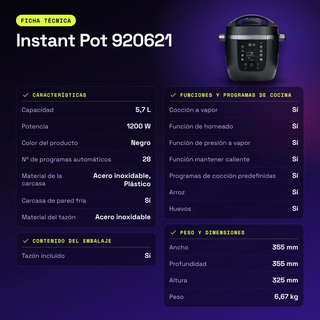Multicuiseur Instant Pot 5,7L 1200W Noir 920621 - caractéristiques