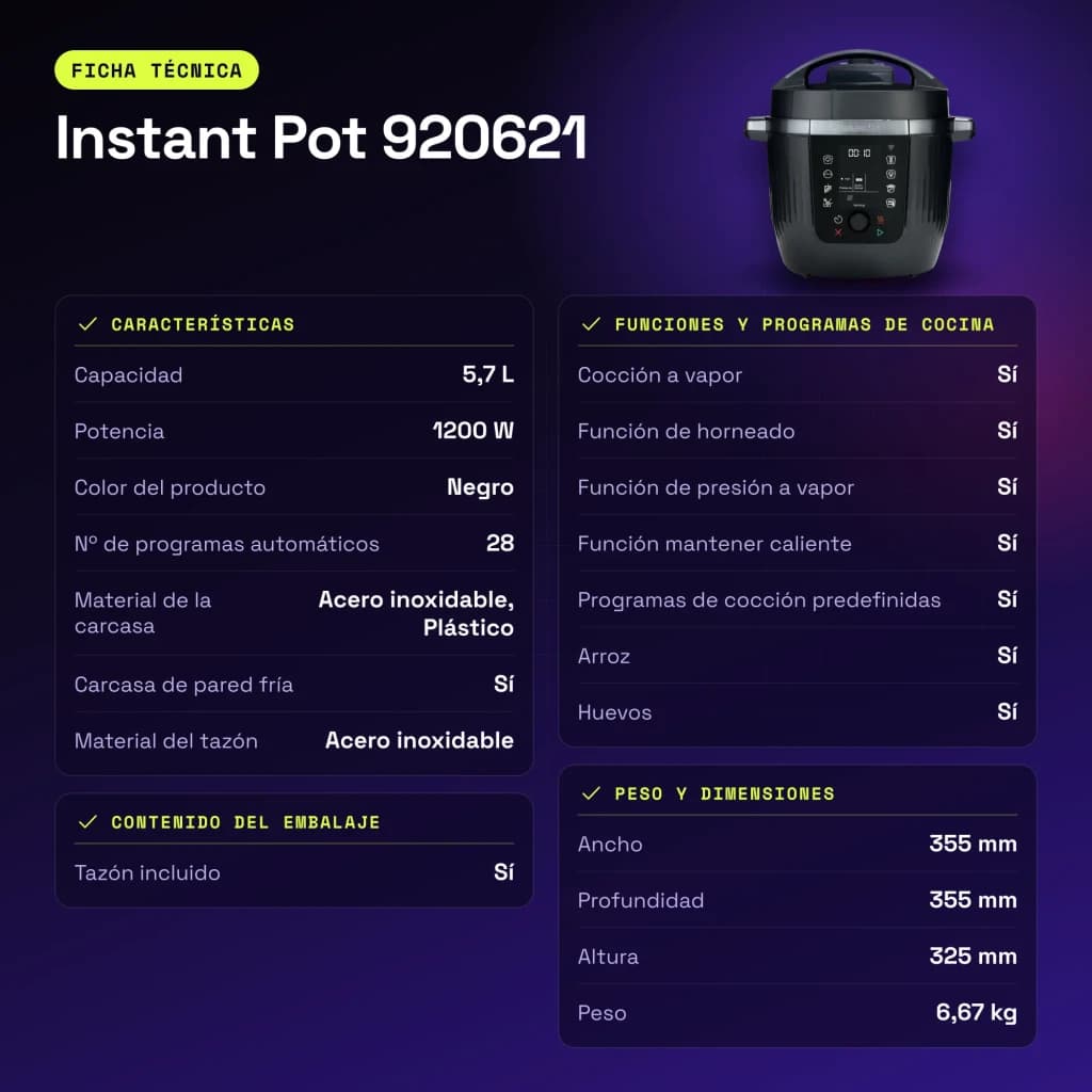 Multicuiseur Instant Pot 5,7L 1200W Noir 920621 - caractéristiques