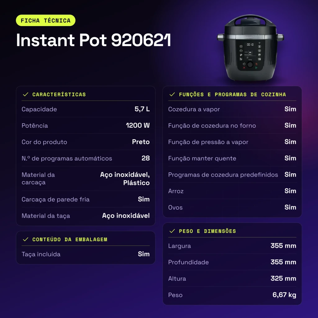 Multicuiseur Instant Pot 5,7L 1200W Noir 920621 - caractéristiques