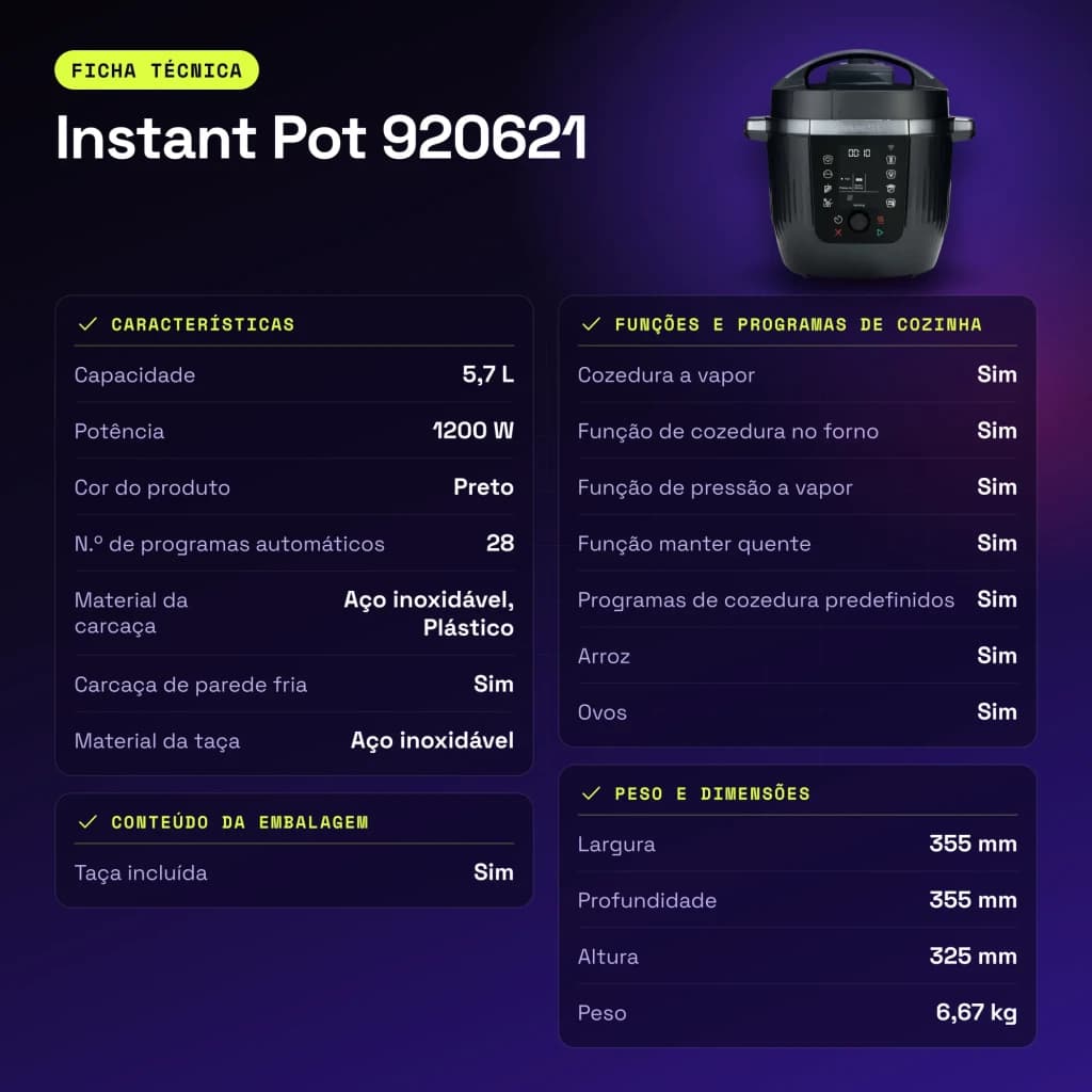 Multicuiseur Instant Pot 5,7L 1200W Noir 920621 - caractéristiques