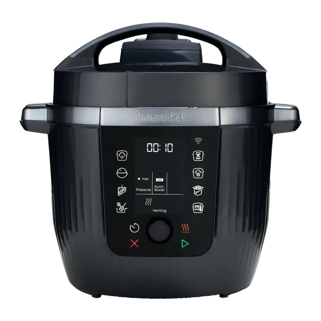 Multicuiseur Instant Pot 5,7L 1200W Noir 920621, vue de face: panneau tactile avec icônes, écran numérique et couvercle