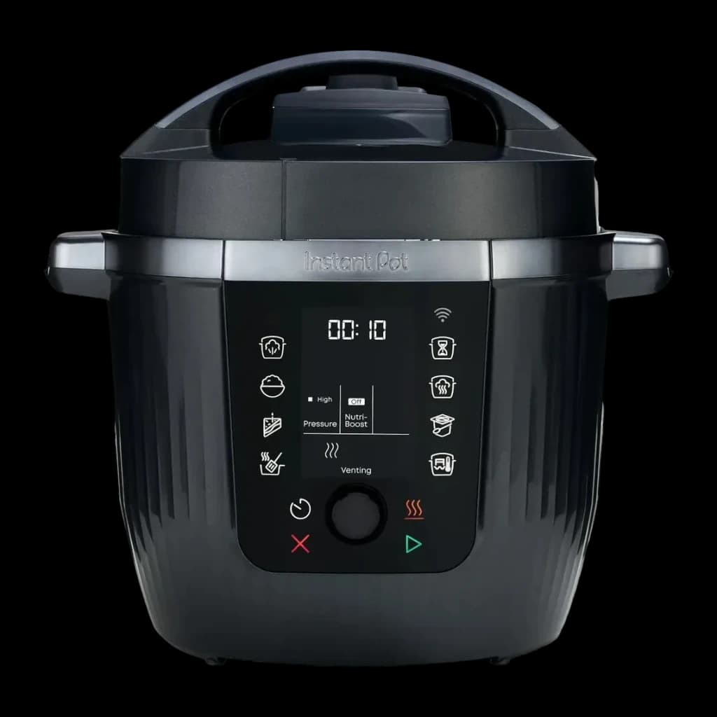 Multicuiseur Instant Pot 5,7L 1200W Noir 920621, vue de face: panneau tactile avec icônes, écran numérique et couvercle