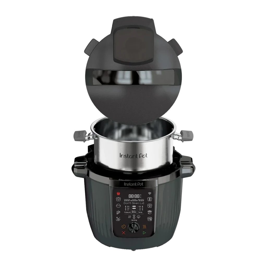 Multicuiseur Instant Pot 5,7L 1200W Noir 920621, vue de face: couvercle ouvert révélant la cuve intérieure en inox