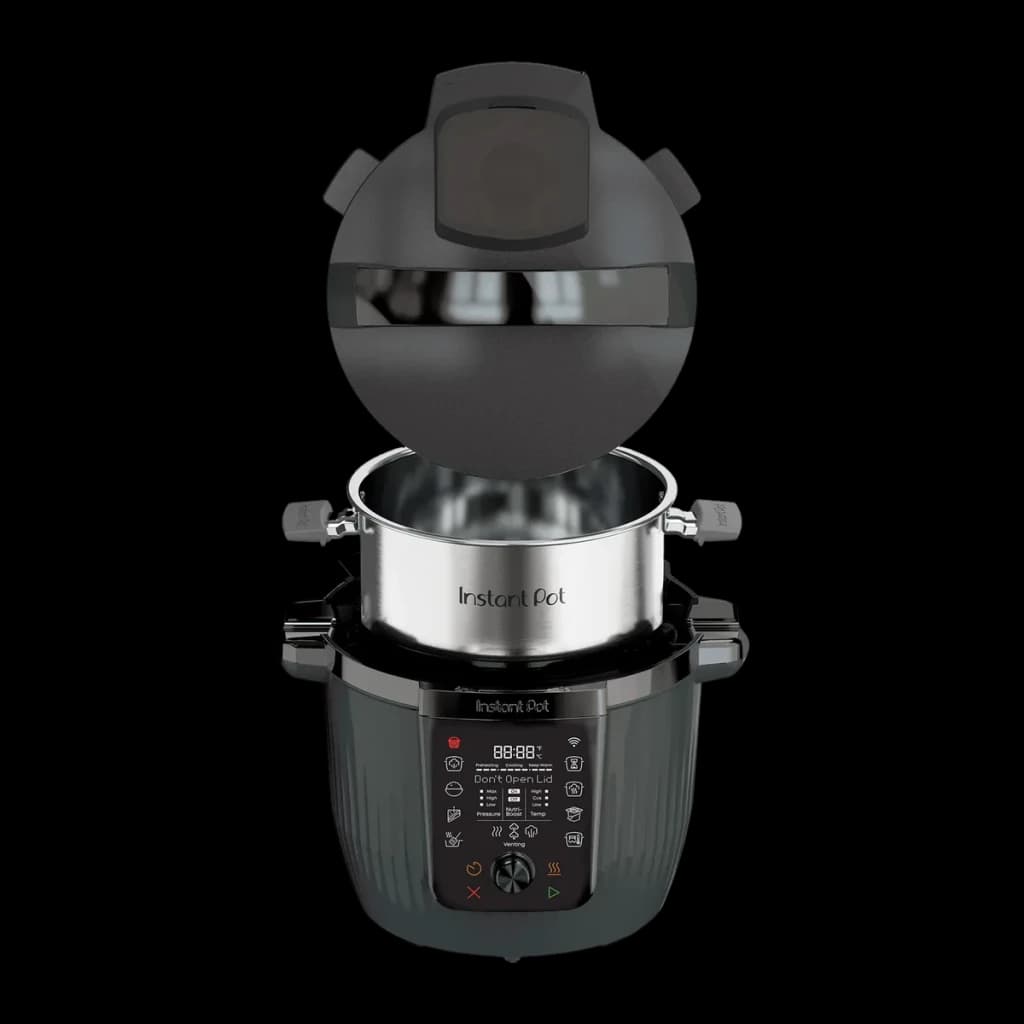 Multicuiseur Instant Pot 5,7L 1200W Noir 920621, vue de face: couvercle ouvert révélant la cuve intérieure en inox