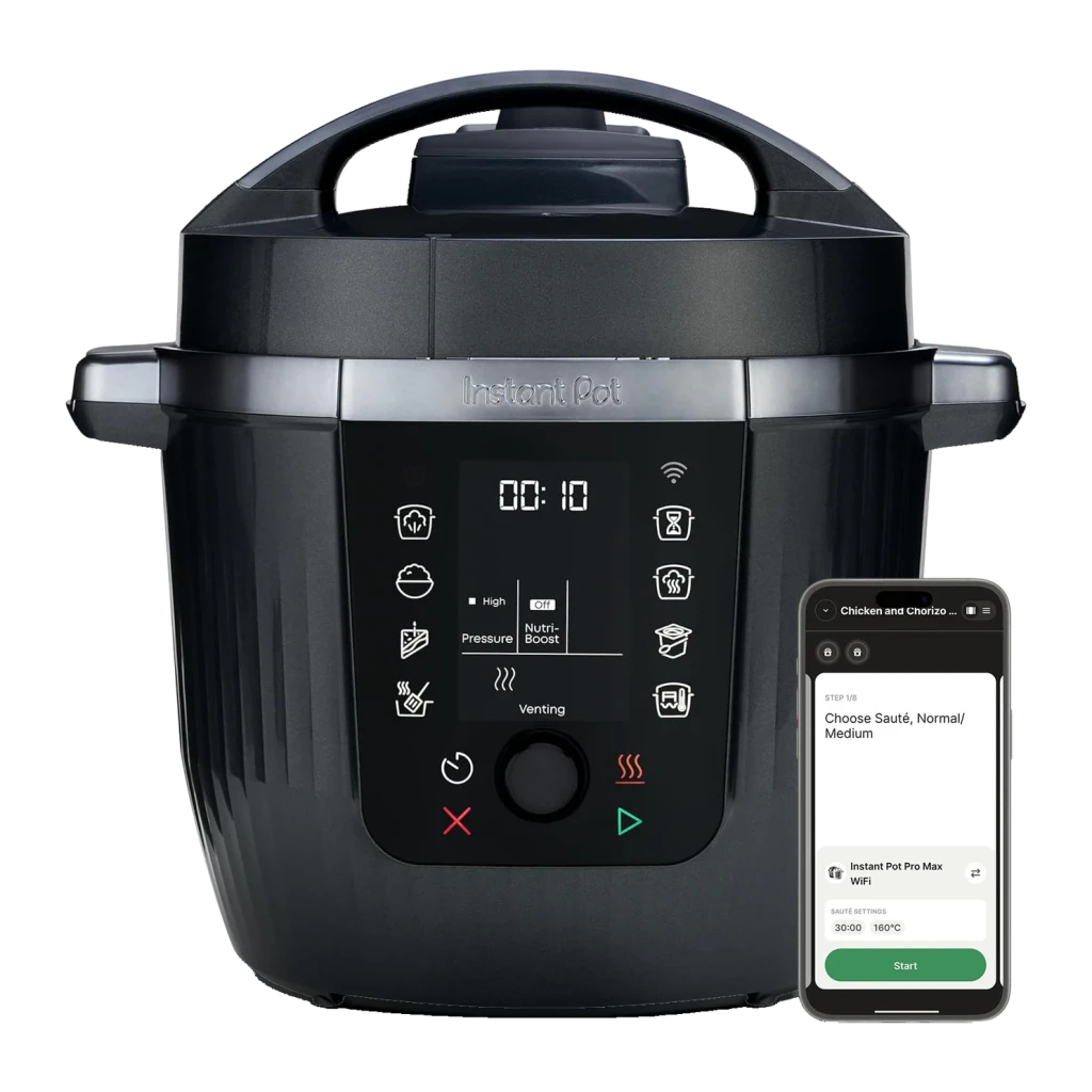 Multicuiseur Instant Pot 5,7L 1200W Noir 920621, vue avant: panneau tactile avec écran, icônes de programmes et smartphone
