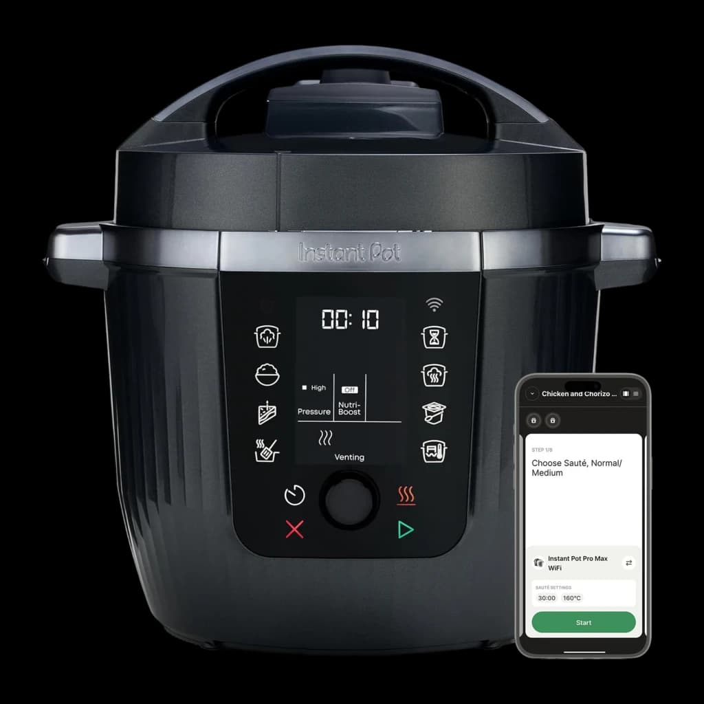 Multicuiseur Instant Pot 5,7L 1200W Noir 920621, vue avant: panneau tactile avec écran, icônes de programmes et smartphone