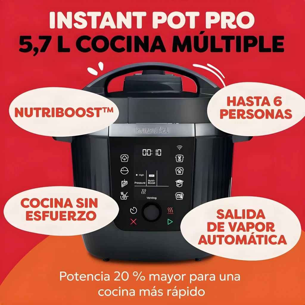 Multicuiseur Instant Pot 5,7L 1200W Noir 920621, vue avant: panneau tactile, NutriBoost et sortie vapeur automatique mis