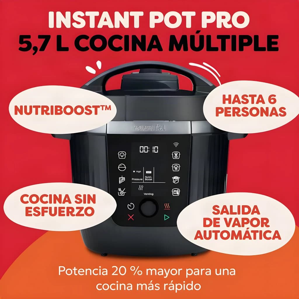 Multicuiseur Instant Pot 5,7L 1200W Noir 920621, vue avant: panneau tactile, NutriBoost et sortie vapeur automatique mis