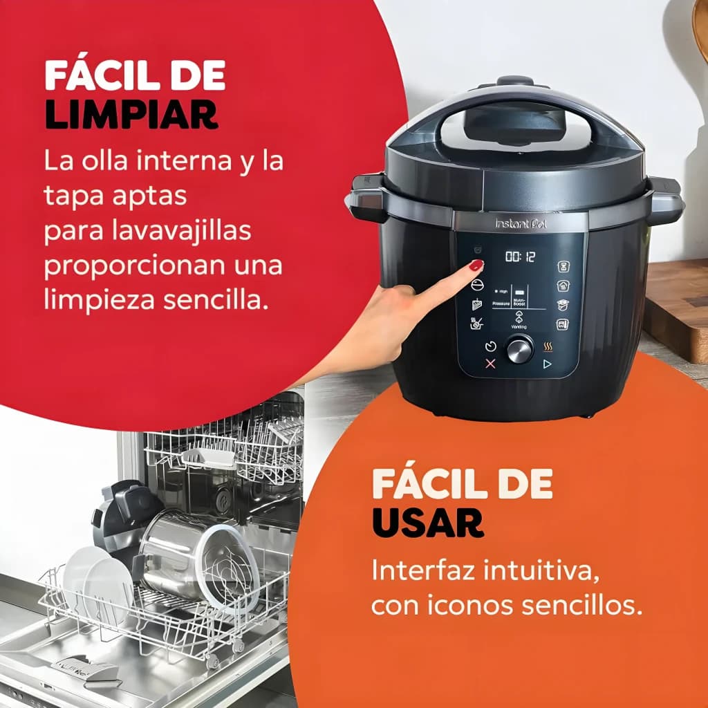 Multicuiseur Instant Pot 5,7L 1200W Noir 920621, infographie: panneau tactile et couvercle compatible lave-vaisselle