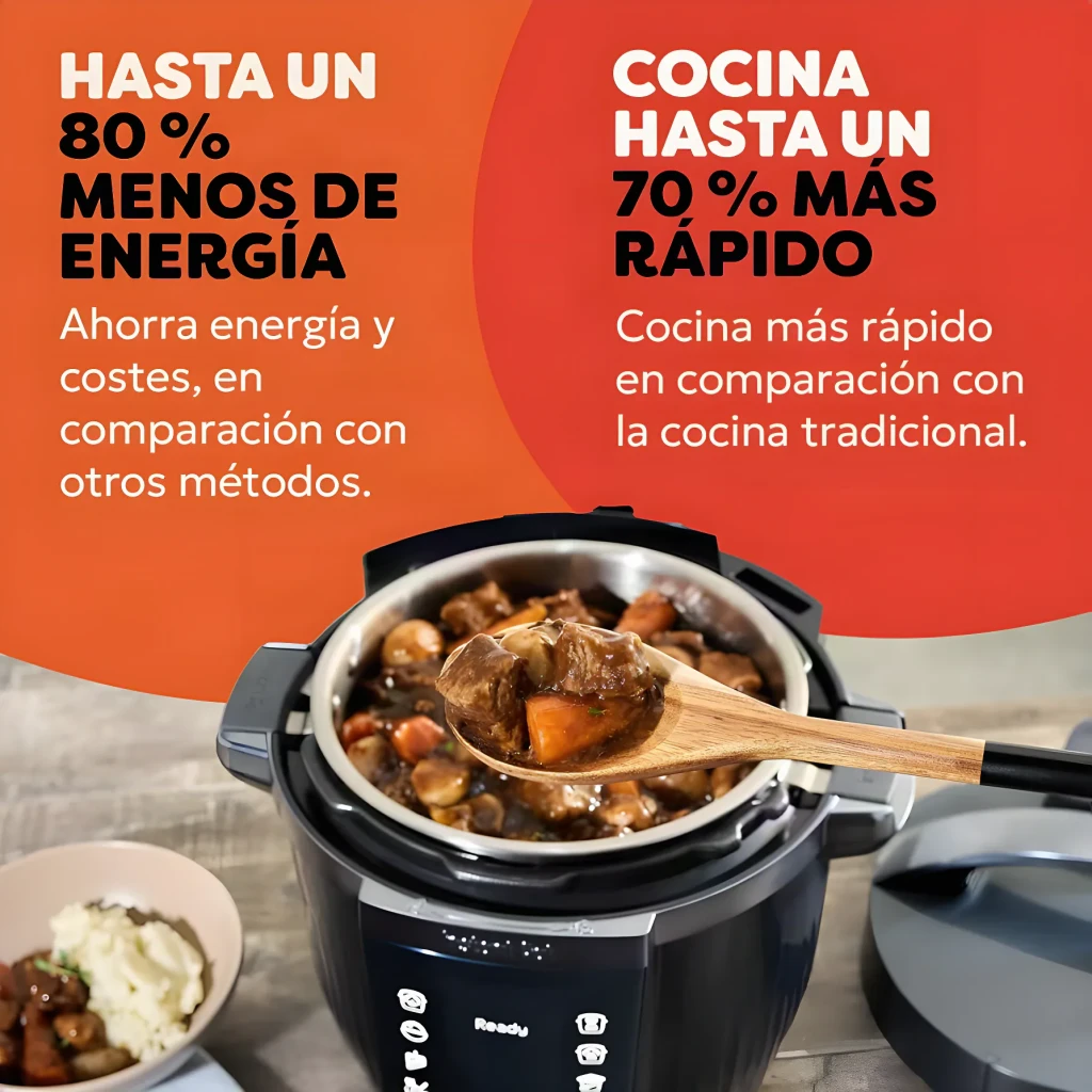 Multicuiseur Instant Pot 5,7L 1200W Noir 920621, infographie: cuiseur ouvert avec ragoût et cuillère en bois, économies