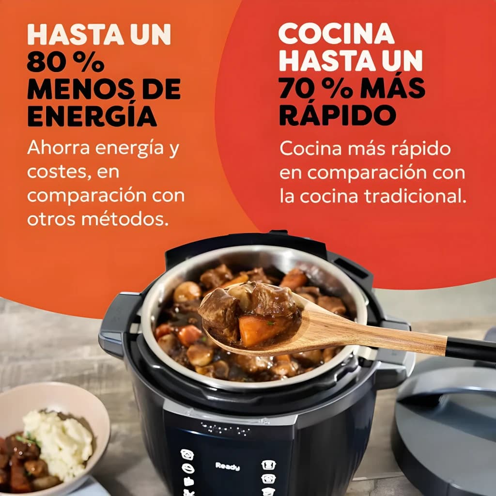 Multicuiseur Instant Pot 5,7L 1200W Noir 920621, infographie: cuiseur ouvert avec ragoût et cuillère en bois, économies