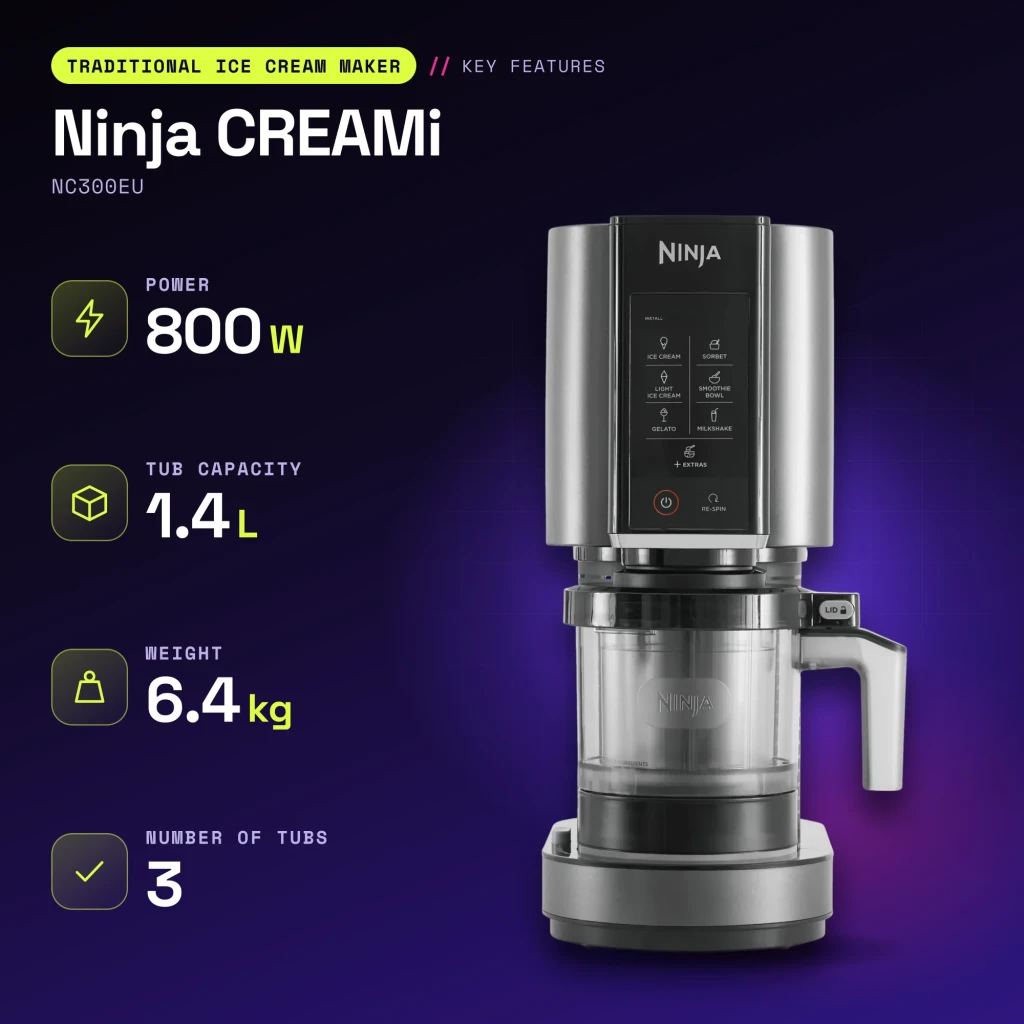Sorbetière Ninja CREAMi 1,4L 800W Noir/Argent NC300EU - caractéristiques