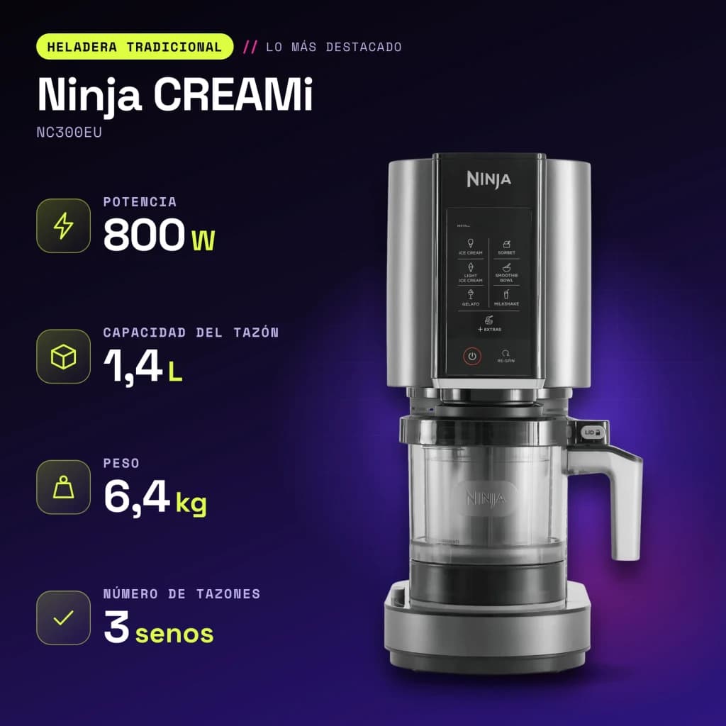 Sorbetière Ninja CREAMi 1,4L 800W Noir/Argent NC300EU - caractéristiques