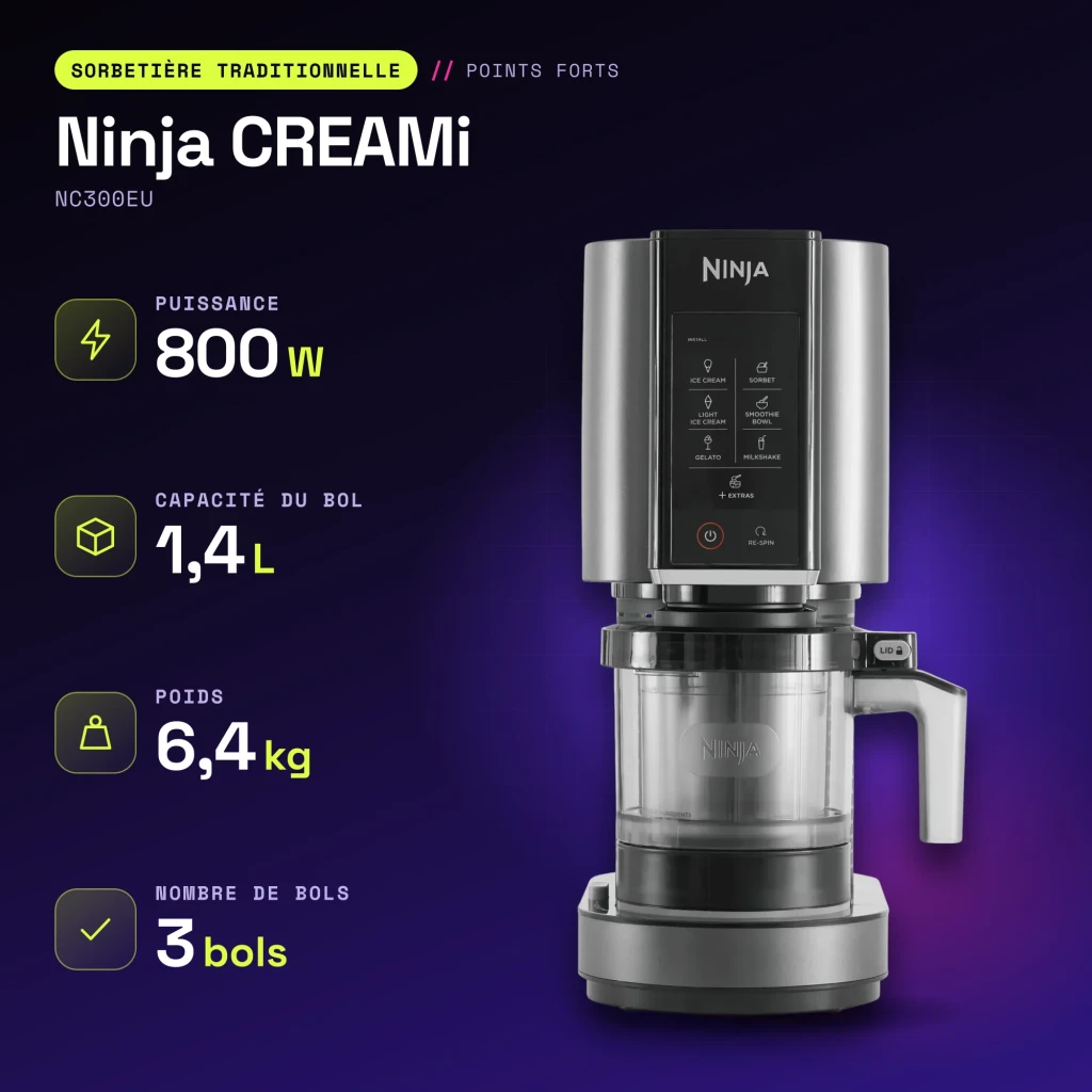 Sorbetière Ninja CREAMi 1,4L 800W Noir/Argent NC300EU - caractéristiques