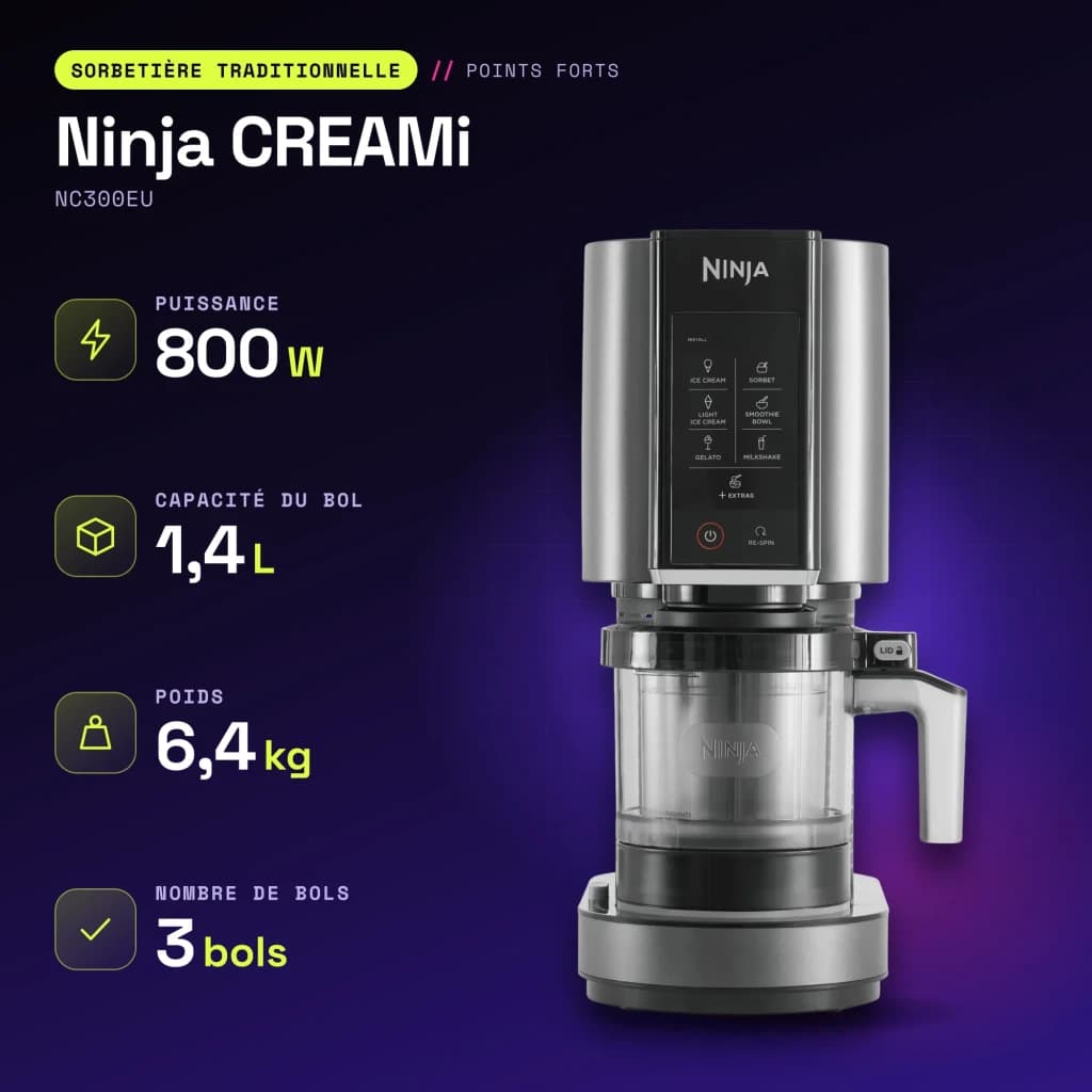 Sorbetière Ninja CREAMi 1,4L 800W Noir/Argent NC300EU - caractéristiques