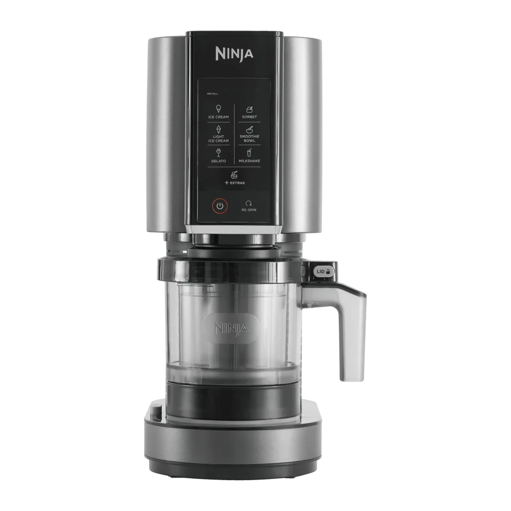Sorbetière Ninja CREAMi 1,4L 800W Noir/Argent NC300EU, vue de face: panneau tactile 6 programmes, bol transparent et poignée
