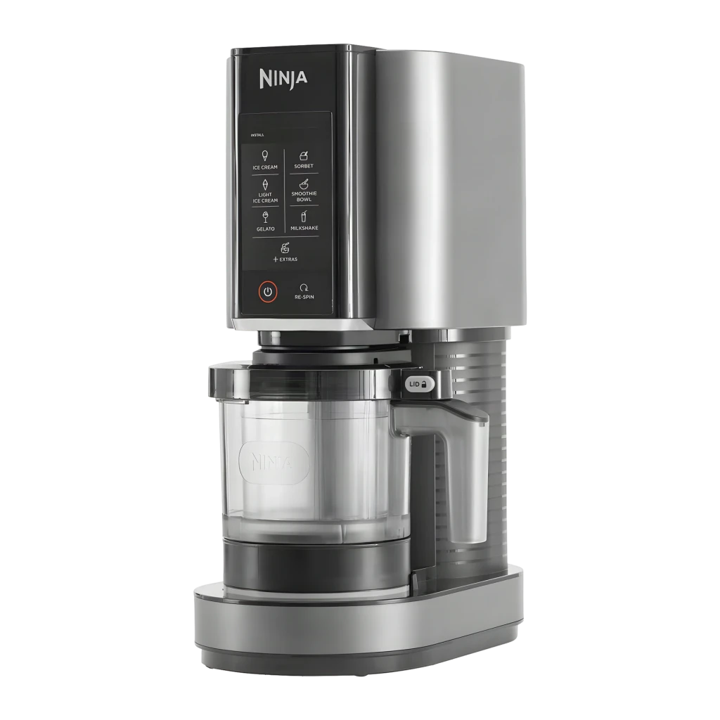 Sorbetière Ninja CREAMi 1,4L 800W Noir/Argent NC300EU, vue latérale: panneau tactile 6 programmes, bol transparent et base