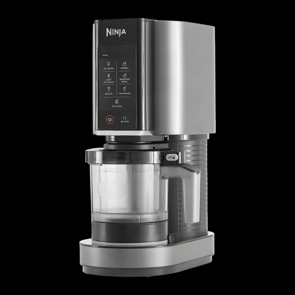 Sorbetière Ninja CREAMi 1,4L 800W Noir/Argent NC300EU, vue latérale: panneau tactile 6 programmes, bol transparent et base