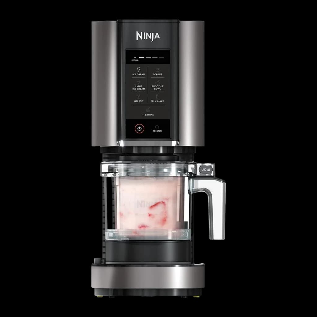 Sorbetière Ninja CREAMi 1,4L 800W Noir/Argent NC300EU, vue de face: panneau tactile avec modes et bol avec glace à la fraise