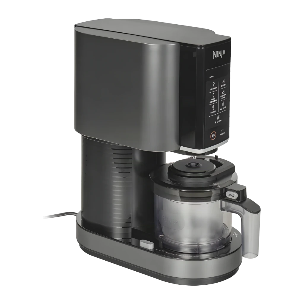 Sorbetière Ninja CREAMi 1,4L 800W Noir/Argent NC300EU, vue latérale: panneau tactile avec programmes et bol transparent