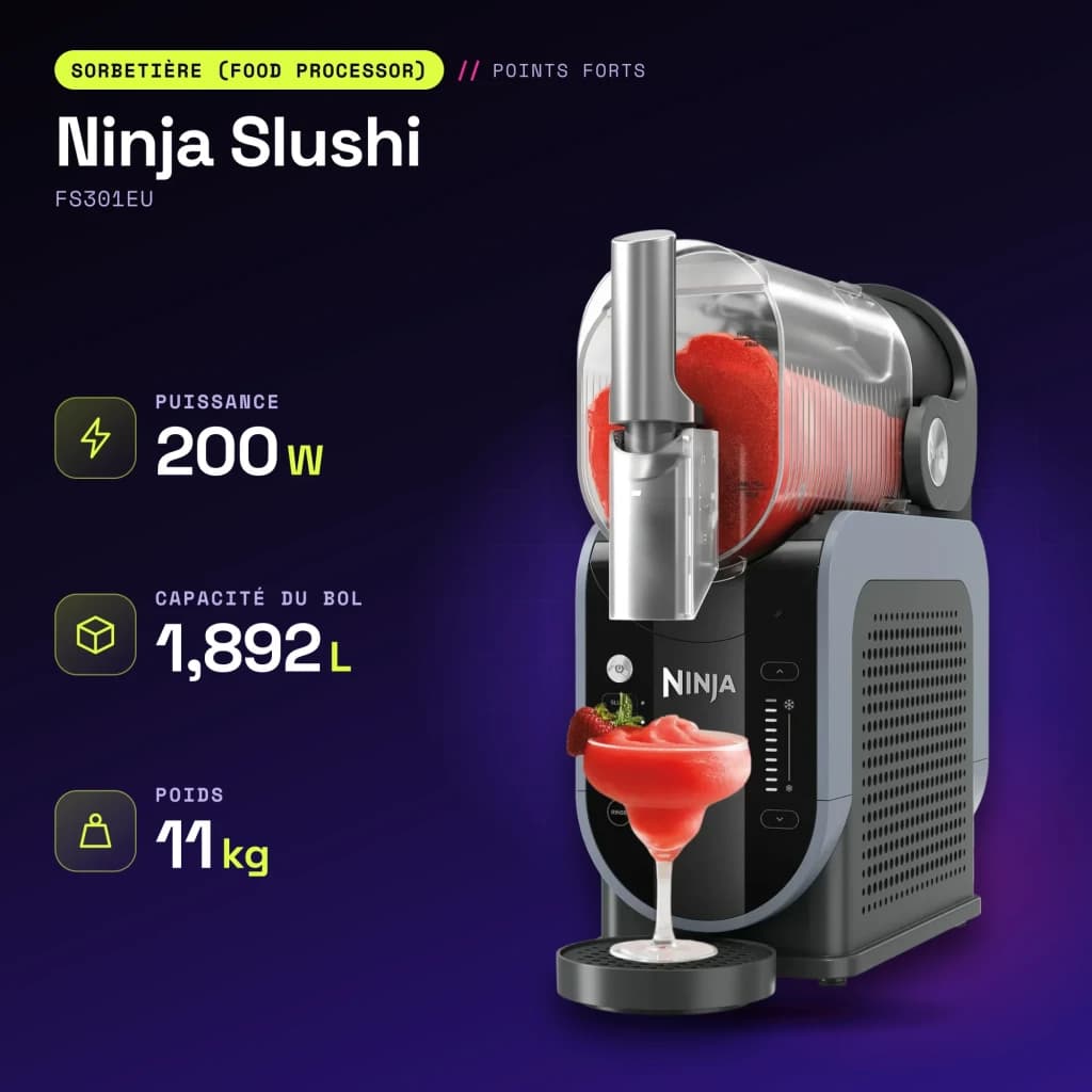 Sorbetière Ninja Slushi 1,892L 200W Bleu Noir FS301EU - caractéristiques
