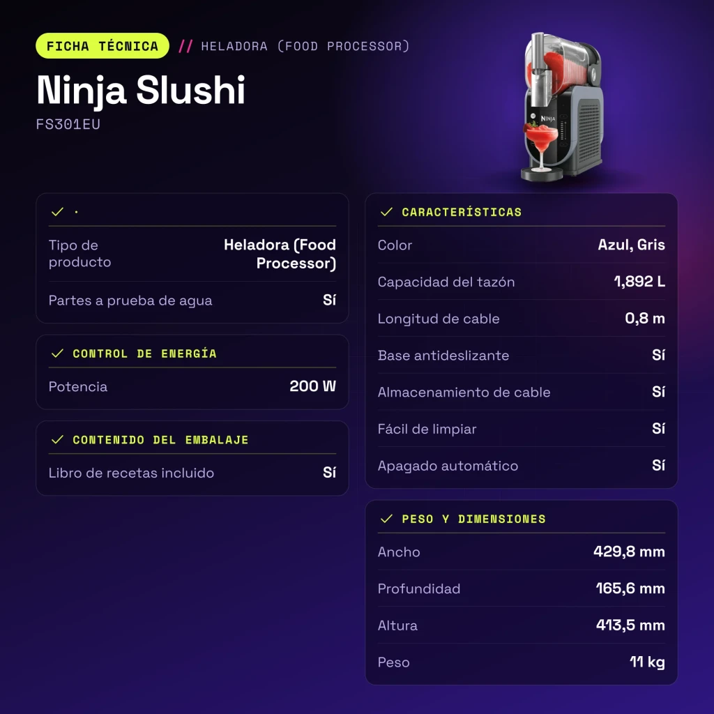 Sorbetière Ninja Slushi 1,892L 200W Bleu Noir FS301EU - caractéristiques
