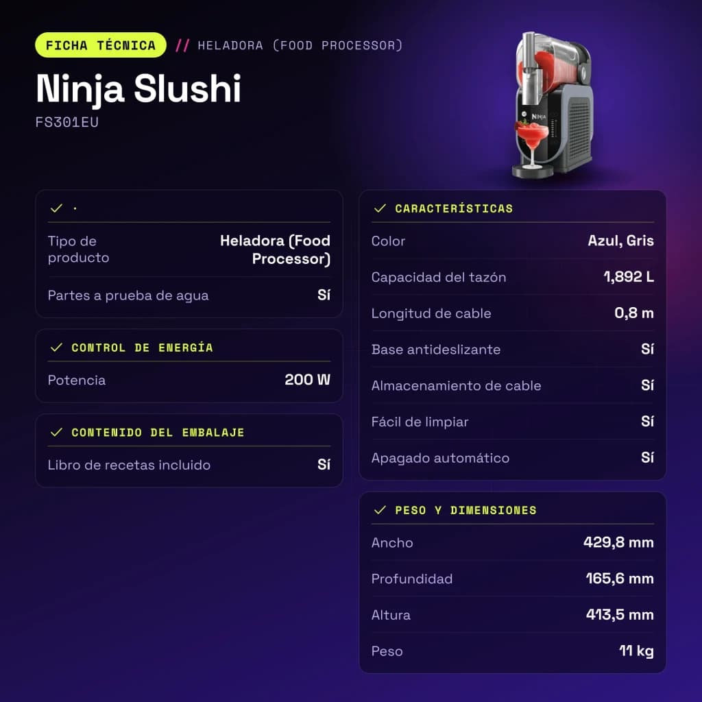 Sorbetière Ninja Slushi 1,892L 200W Bleu Noir FS301EU - caractéristiques
