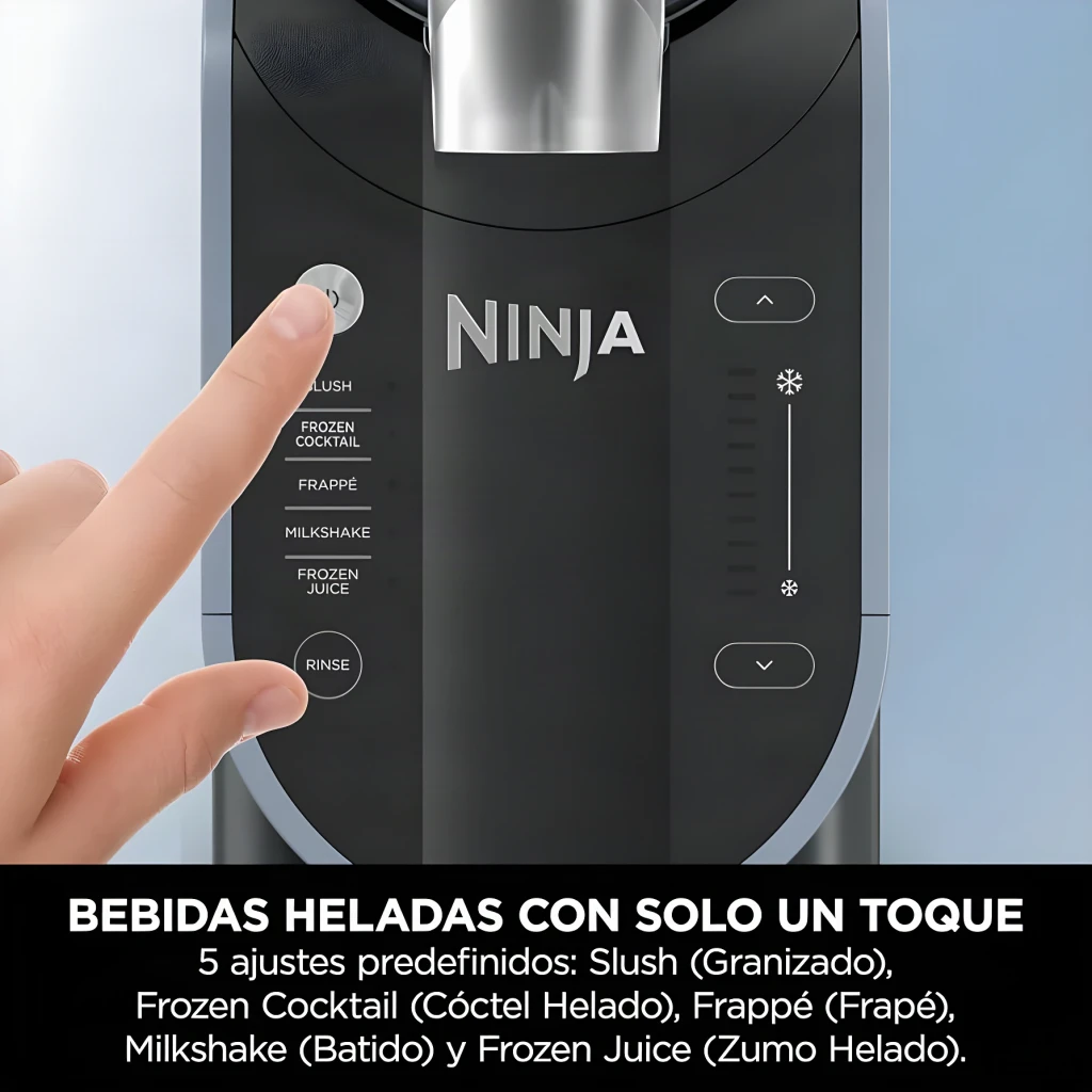 Sorbetière Ninja Slushi 1,892L 200W Bleu Noir FS301EU, panneau de commande: doigt appuyant sur bouton avec 5 modes