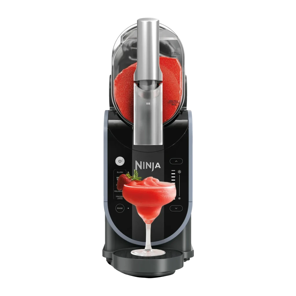 Sorbetière Ninja Slushi 1,892L 200W Bleu Noir FS301EU, vue de face: panneau de commande et slush fraise en verre