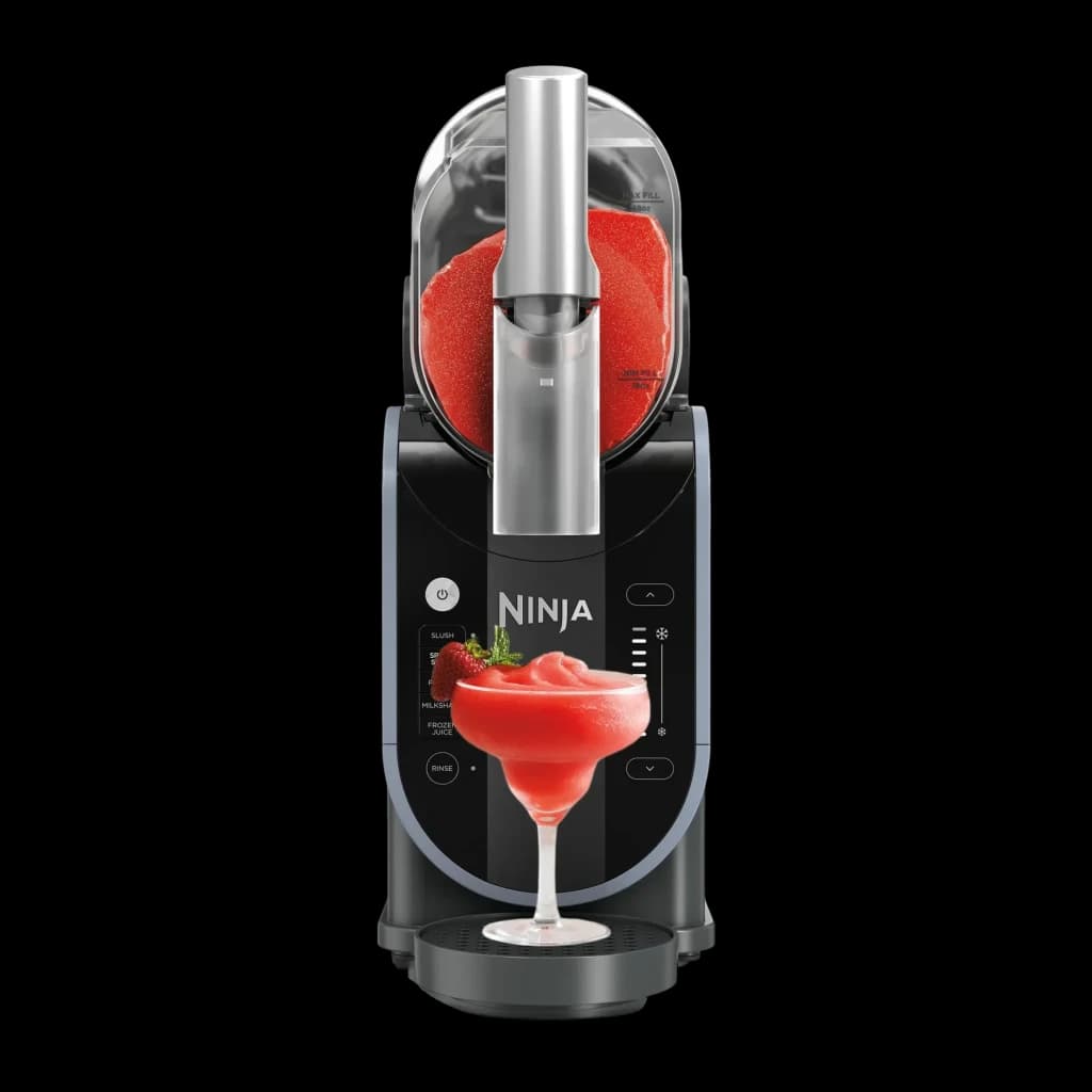 Sorbetière Ninja Slushi 1,892L 200W Bleu Noir FS301EU, vue de face: panneau de commande et slush fraise en verre