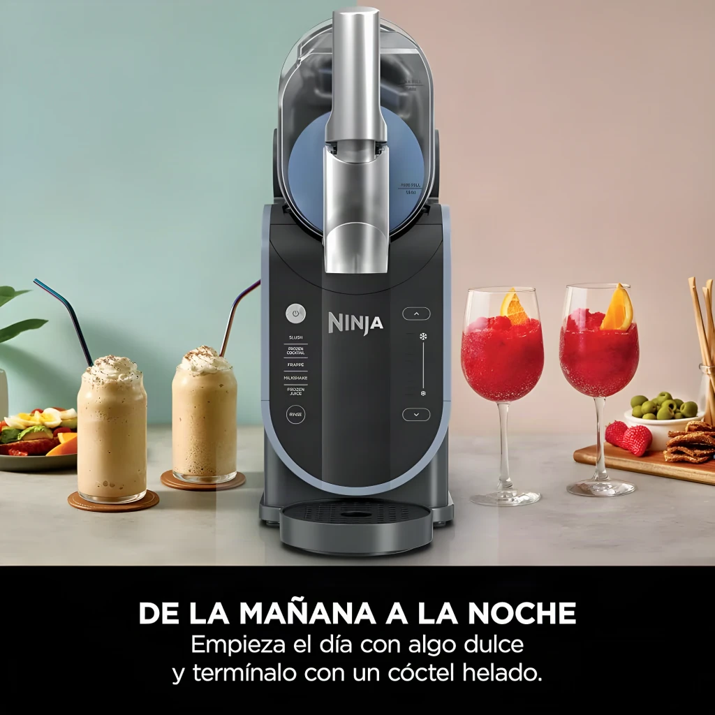 Sorbetière Ninja Slushi 1,892L 200W Bleu Noir FS301EU, vue de face: panneau de modes, slushies et cocktails glacés sur plan