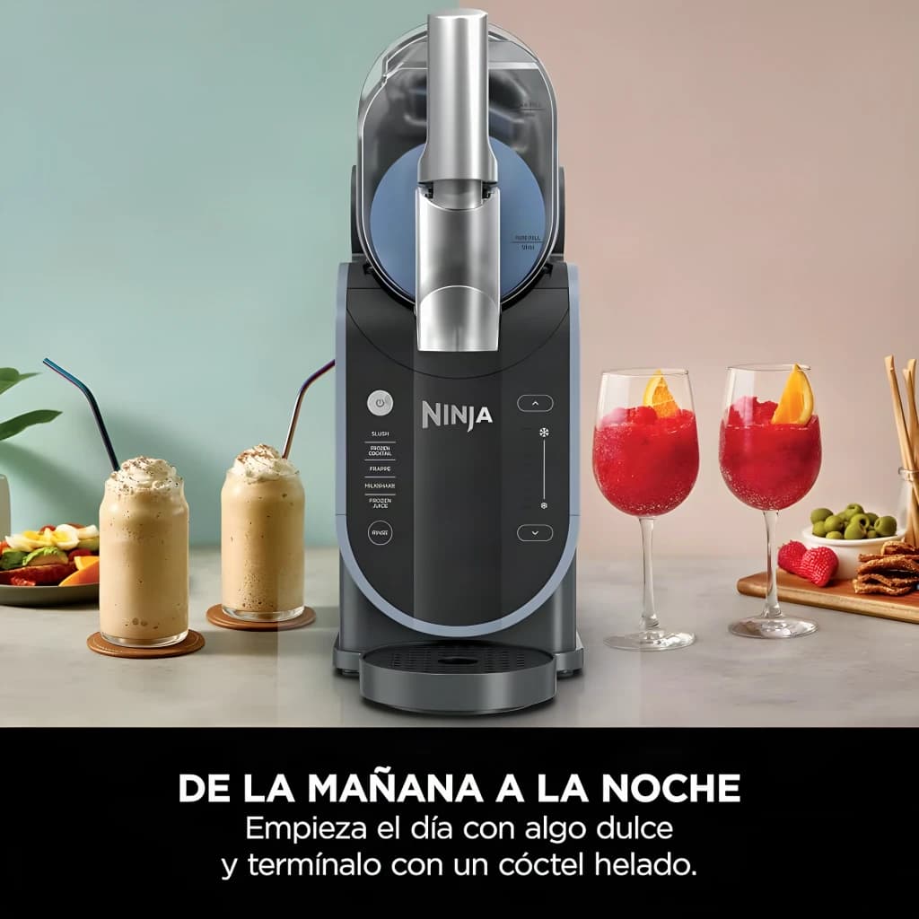 Sorbetière Ninja Slushi 1,892L 200W Bleu Noir FS301EU, vue de face: panneau de modes, slushies et cocktails glacés sur plan