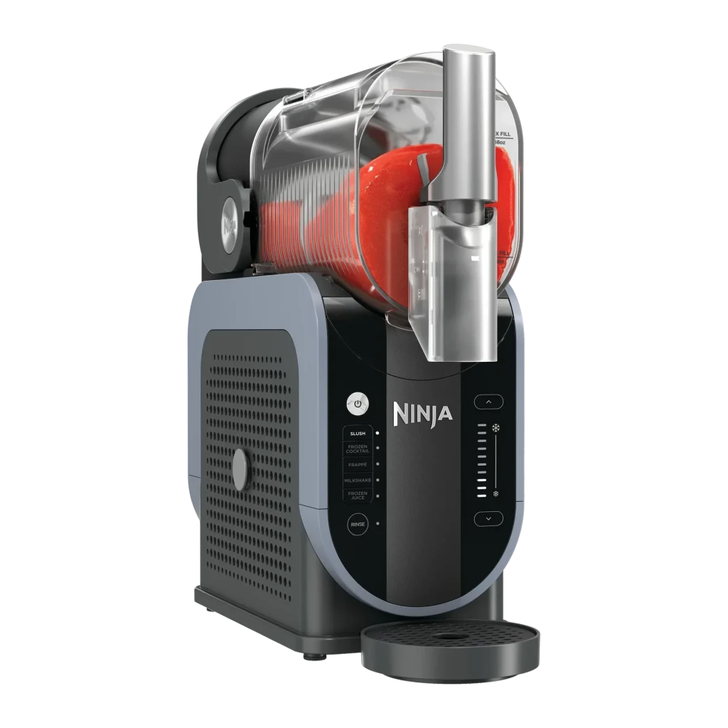 Sorbetière Ninja Slushi 1,892L 200W Bleu Noir FS301EU, vue latérale: cuve transparente avec contenu rouge, panneau de modes