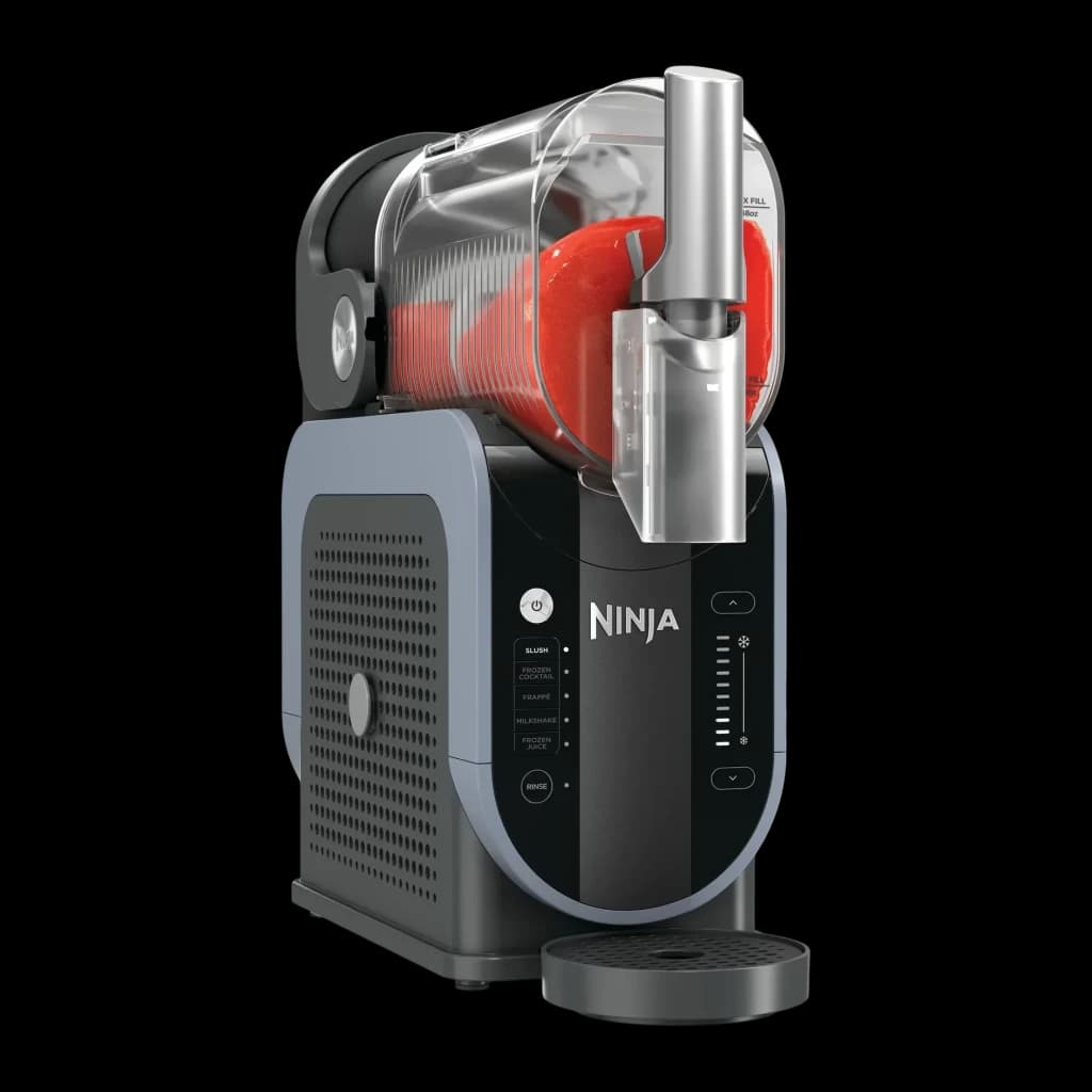 Sorbetière Ninja Slushi 1,892L 200W Bleu Noir FS301EU, vue latérale: cuve transparente avec contenu rouge, panneau de modes