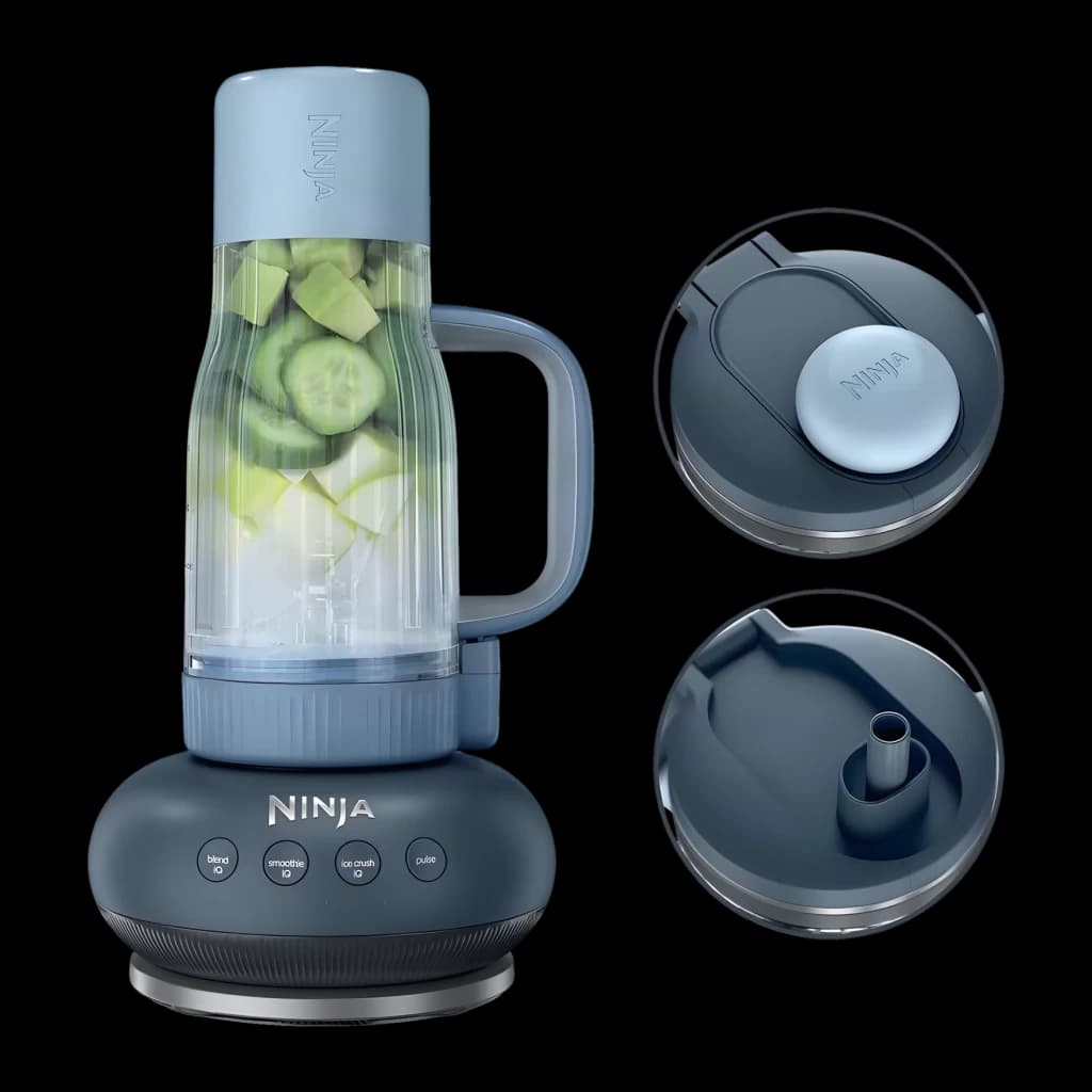 Blender Ninja 0,71L 1100W Gris Foncé DB351CHCY, détails: bol avec concombre et avocat, couvercle et socle avec lames