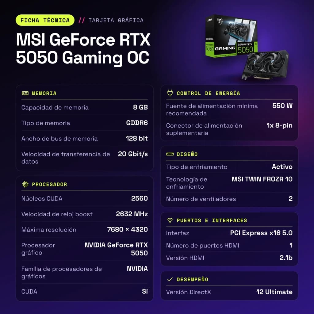 MSI GeForce RTX 5050 Gaming OC 8GB GDDR6 Negro - características