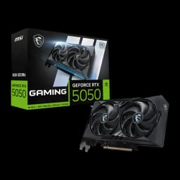 MSI GeForce RTX 5050 Gaming OC 8GB GDDR6 Negro, vista frontal: tarjeta gráfica con doble ventilador y caja del producto