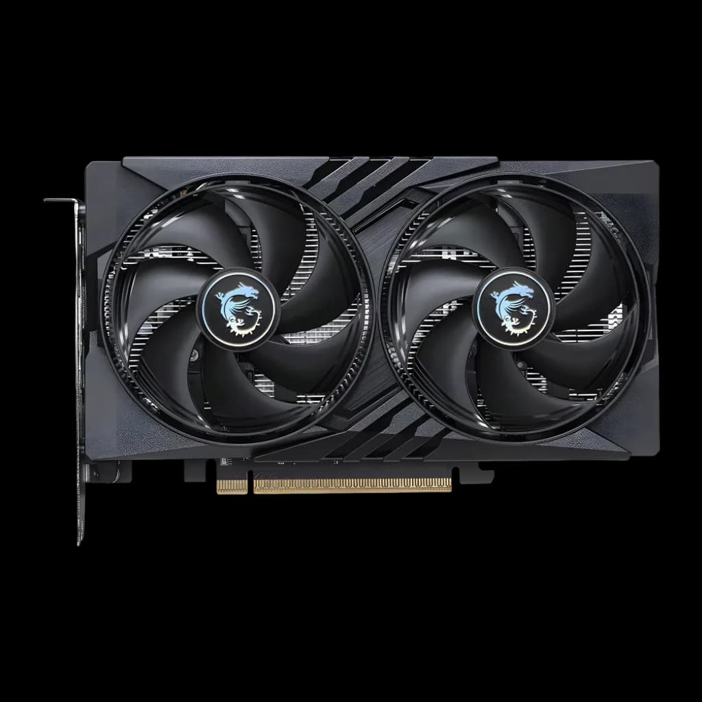 MSI GeForce RTX 5050 Gaming OC 8GB GDDR6 Negro, vista frontal: doble ventilador con logo dragón y conector PCIe dorado