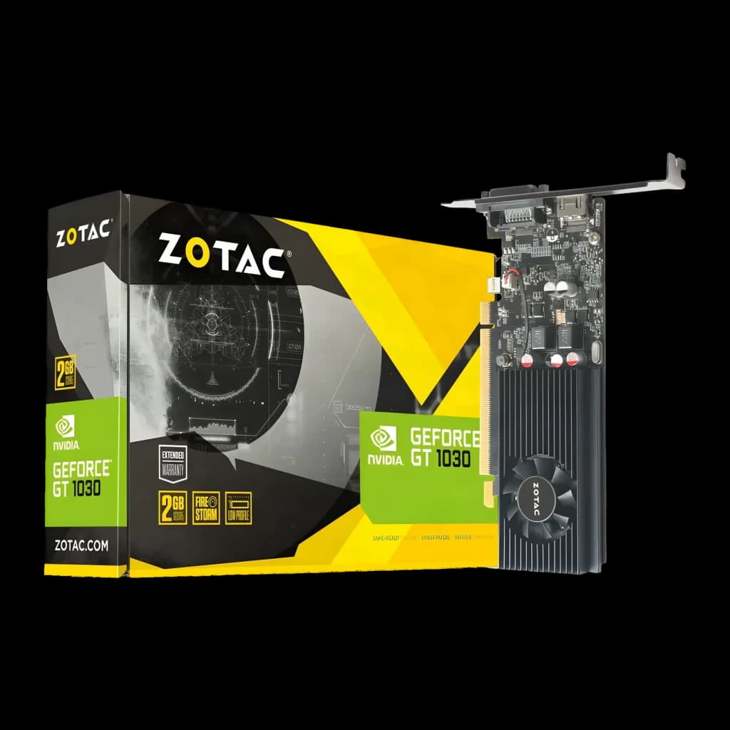 ZOTAC GeForce GT 1030 2GB GDDR5 Low Profile Negro, vista principal: tarjeta y caja, disipador negro con ventilador y bracket