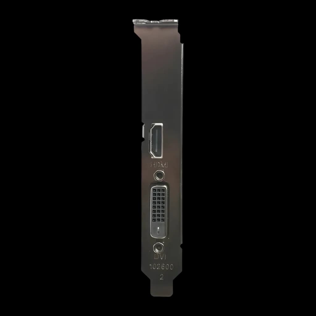 ZOTAC GeForce GT 1030 2GB GDDR5 Low Profile Negro, vista del bracket: puertos HDMI y DVI visibles en perfil metálico