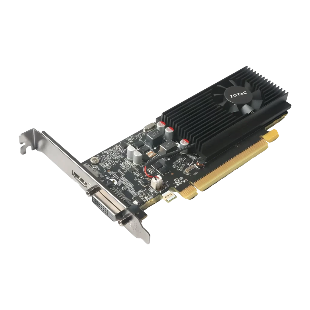 ZOTAC GeForce GT 1030 2GB GDDR5 Low Profile Negro, vista diagonal: PCB, disipador con ventilador y puertos HDMI y DVI