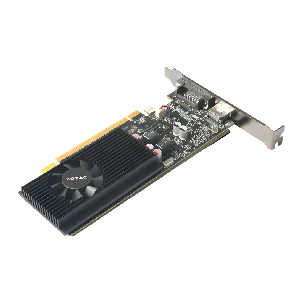 ZOTAC GeForce GT 1030 2GB GDDR5 Low Profile Negro, vista angular: disipador con ventilador ZOTAC, PCB y bracket metálico