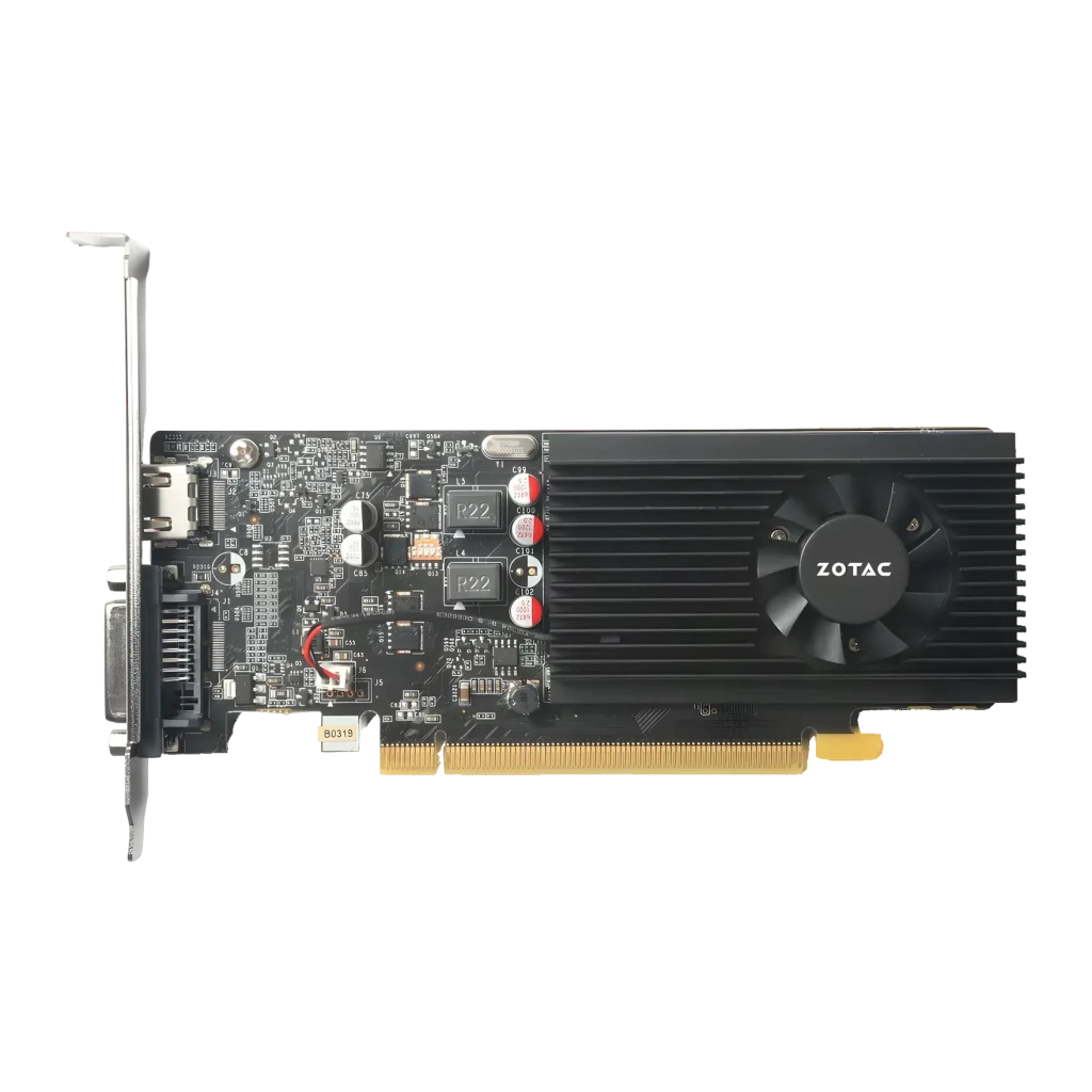 ZOTAC GeForce GT 1030 2GB GDDR5 Low Profile Negro, vista superior: PCB con ventilador, disipador y puertos HDMI y DVI