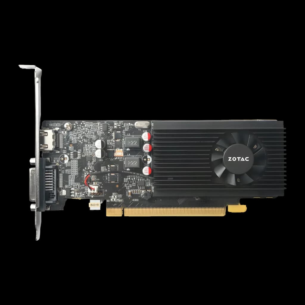 ZOTAC GeForce GT 1030 2GB GDDR5 Low Profile Negro, vista superior: PCB con ventilador, disipador y puertos HDMI y DVI