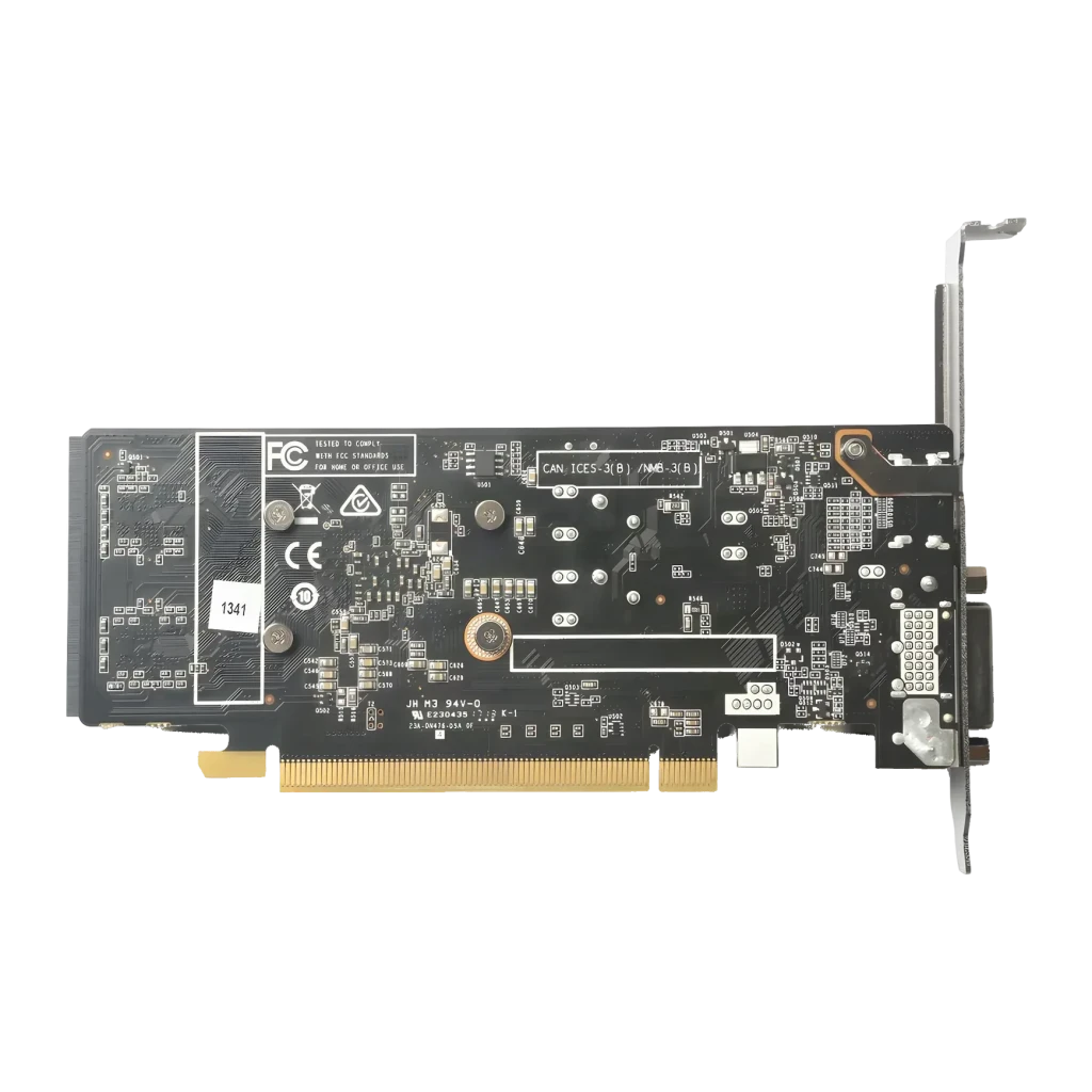 ZOTAC GeForce GT 1030 2GB GDDR5 Low Profile Negro, vista trasera: PCB negro con componentes, conector PCIe dorado y bracket