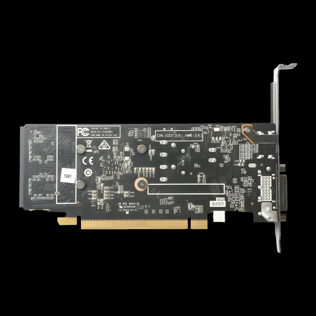 ZOTAC GeForce GT 1030 2GB GDDR5 Low Profile Negro, vista trasera: PCB negro con componentes, conector PCIe dorado y bracket