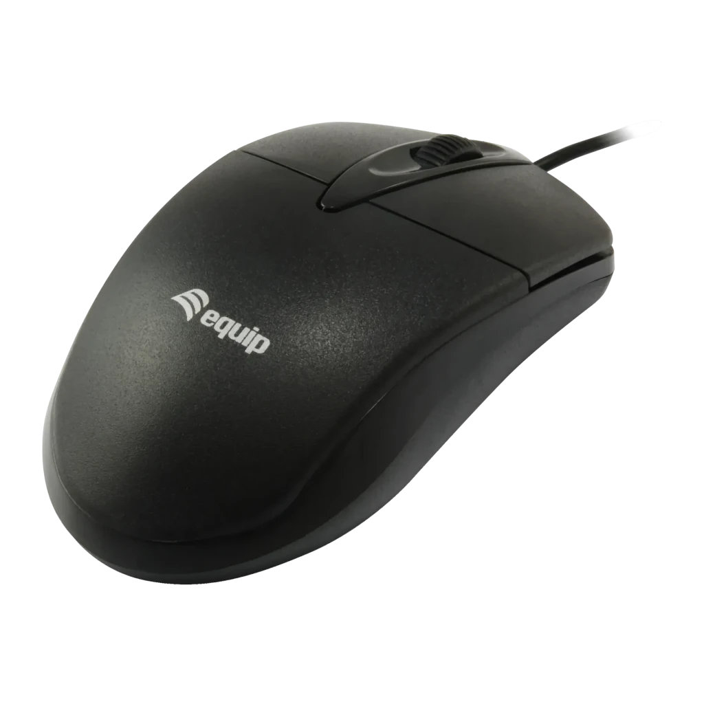Ratón Equip Negro Cable USB 245102, vista lateral: cuerpo negro mate con logo equip, rueda de scroll y cable visible